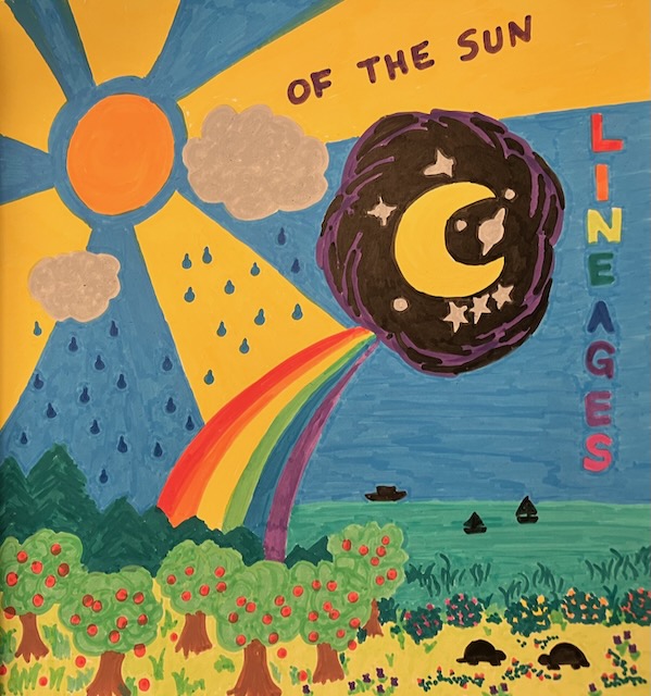 A sun shines through clouds and rain while a rainbow spills from a portal to space. On the ground below, turtles nom strawberries next to an apple orchard.
