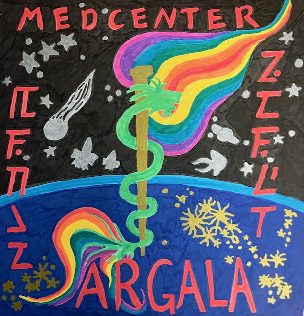 Medcenter Argala: Medic Alert. A dragon wrapped around the Rod of Asclepius is superimposed over the night side of a planet seen from space.