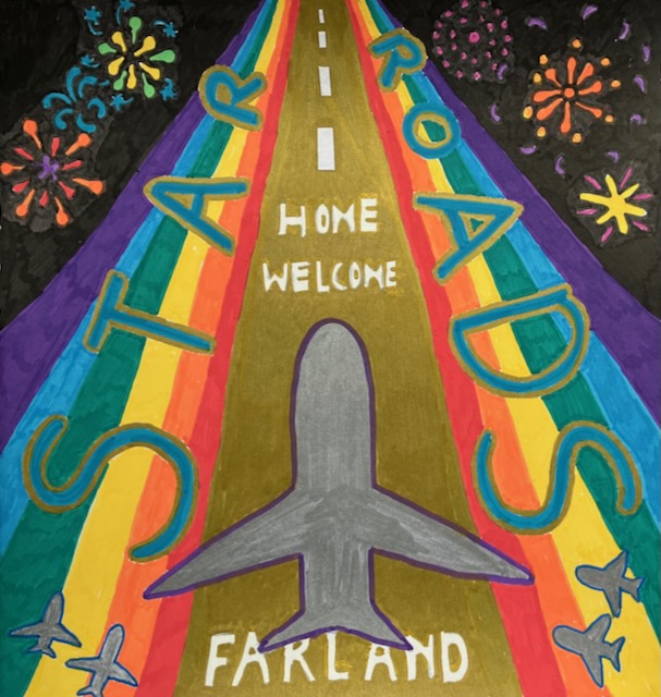 A silver plane landing on a golden runway that says Farland, Welcome Home. There are fireworks, and rainbows to either side of the runway that say Star Roads.
